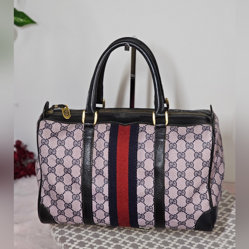 Gucci Pink GG Canvas Boston Bag with Red and Blue Stripe